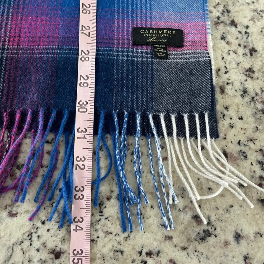Charter Club Scarf Women OS Blue Pink Plaid Cashmere Luxury Fringe Winter Wrap